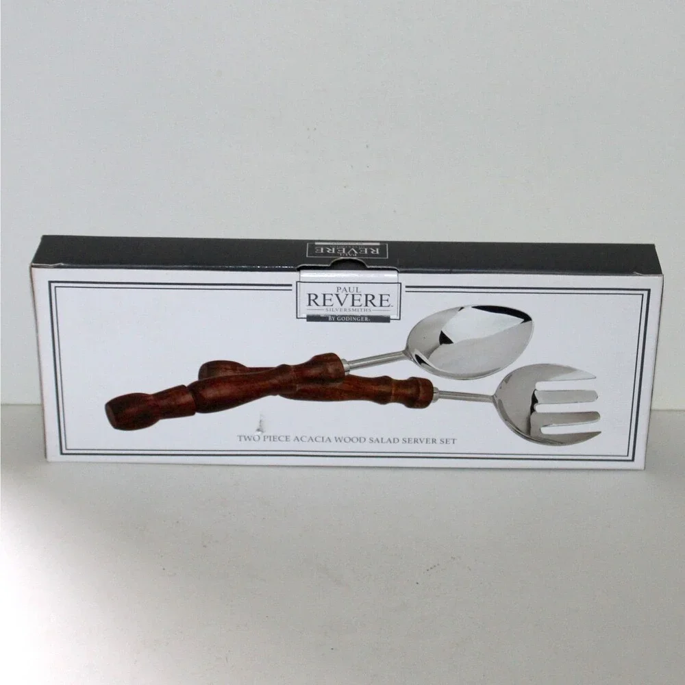 Paul Revere 2 Piece Salad Server Set Godinger Stainless Steel Acacia Wood NEW